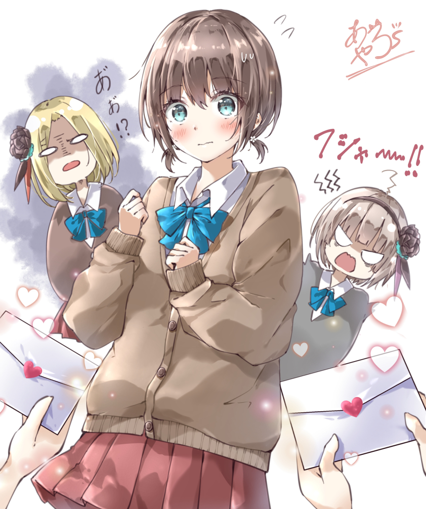 3girls, absurdres, angry, aoi_erika, ayaro_(genkiloobaii), black_cardigan, black_flower, black_hairband