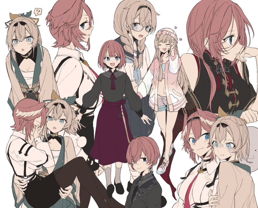 2girls, :o, ?, adjusting_hair, bespectacled, black_dress, black_pantyhose, black_sailor_collar