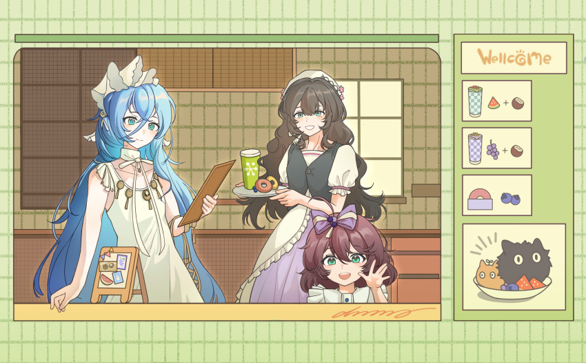 37_(naisnow)_(reverse:1999), 37_(reverse:1999), 3girls, ahoge, bagel, beret, black_vest, blue_eyes