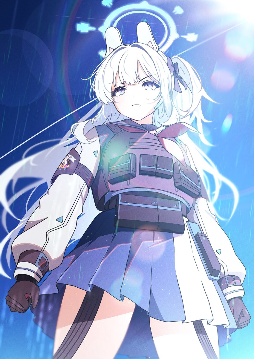 >:(, 1girl, absurdres, animal_ear_headphones, animal_ears, armband, black_armband, black_bow