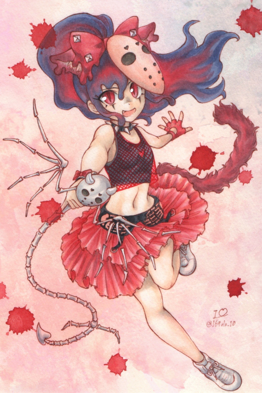 1girl, :d, abstract_background, anna_spire, bare_shoulders, black_collar, blue_hair, bow, breasts, collar, commentary_request, cropped_tank_top, facial_tattoo, fang, fingerless_gloves, fishnet_tank_top, gloves, grey_tank_top, head_bow, highres, hockey_mask, holding_skeleton, io_(maryann_blue), layered_tank_top, long_hair, mask, mask_on_head, midriff, miniskirt, multicolored_hair, navel, open_mouth, red_background, red_bow, red_gloves, red_hair, red_skirt, red_tank_top, shoes, show_by_rock!!, single_fingerless_glove, skirt, small_breasts, smile, solo, spiked_collar, spikes, splatter, tail, tank_top, tattoo, two-tone_background, two-tone_hair, white_background, white_shoes
