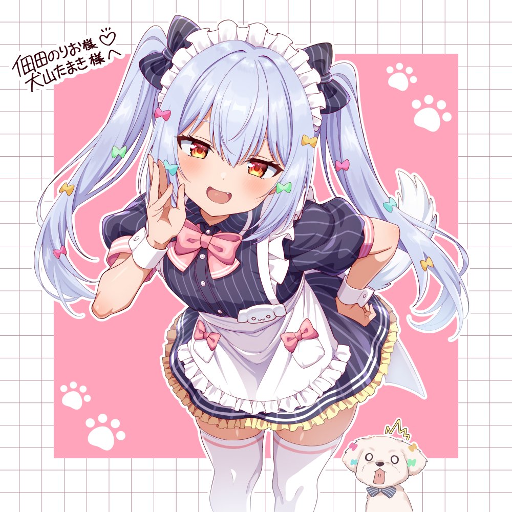 1boy, apron, black_dress, blue_hair, bow, bowtie, collared_dress, commission