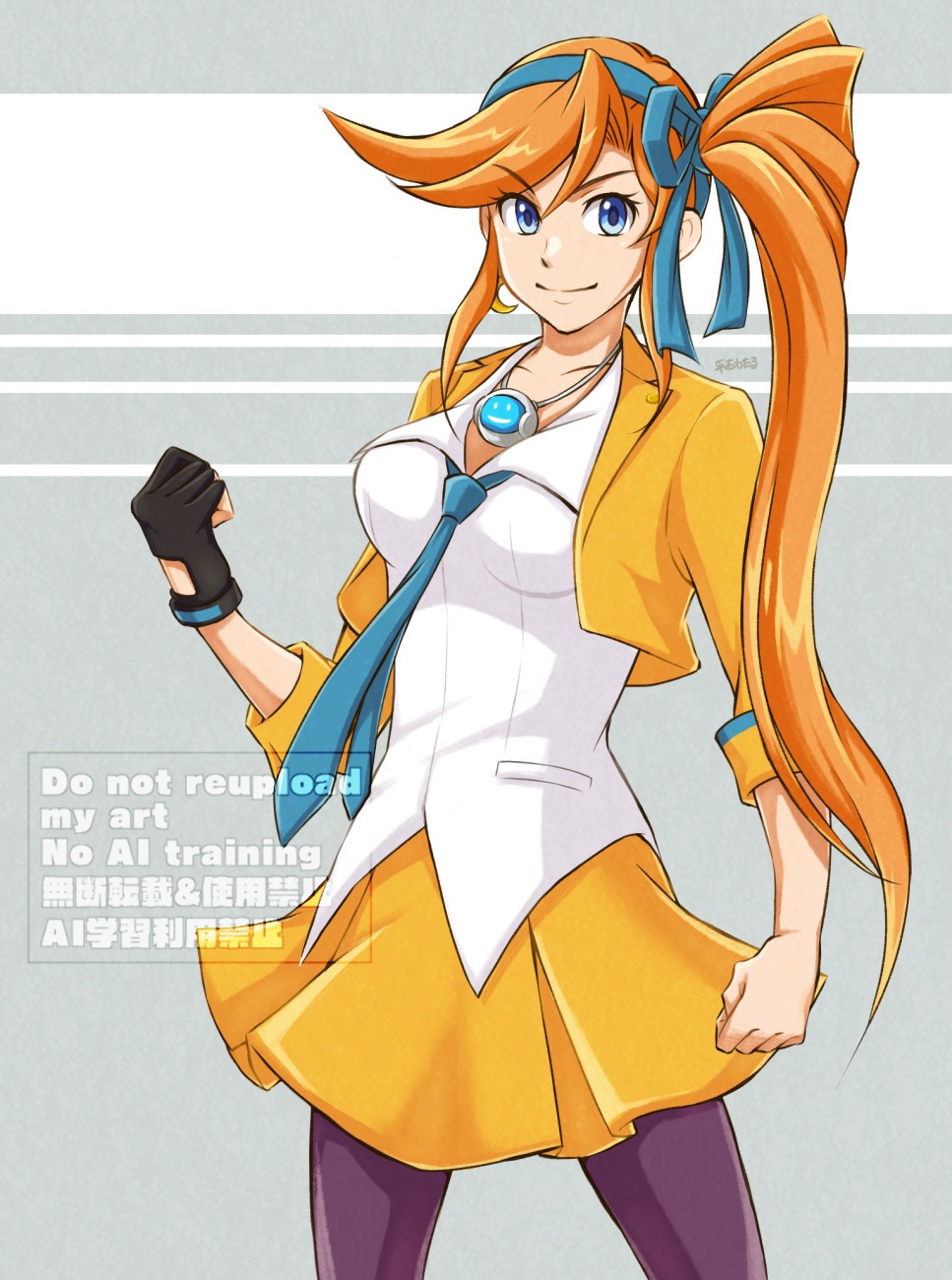 1girl, ace_attorney, athena_cykes, black_gloves, blue_bow, blue_hairband, blue_necktie, bow