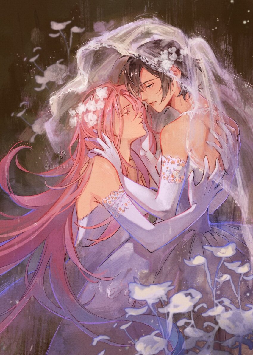 2girls, alien_stage, alternate_costume, black_hair, commentary, dress, elbow_gloves, gloves, highres, jayohdotp, lace, lace-trimmed_gloves, lace_trim, long_hair, mizi_(alien_stage), multiple_girls, pink_hair, see-through_clothes, see-through_veil, short_hair, strapless, strapless_dress, sua_(alien_stage), untranslatable_commentary, veil, very_long_hair, white_dress, white_gloves, yuri