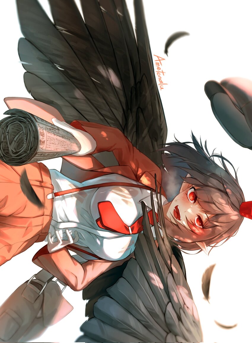 1girl, ametonalu, bag, black_wings, breasts, brown_hat, brown_jacket, brown_shorts