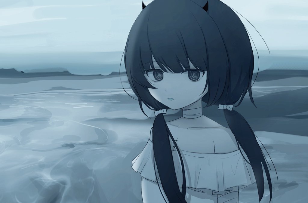 1girl, arazan_(ara_arazan24), bandages, beach, black_eyes, black_hair, dark, dress