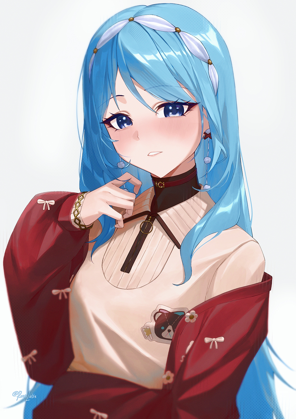 1girl, black_shirt, blue_eyes, blue_hair, bracelet, brown_sweater, cardigan, commentary