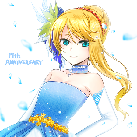 1girl, 20nigu, anniversary, blonde_hair, blue_collar, blue_dress, blue_eyes, breasts