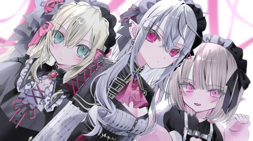 1boy, 2girls, ascot, black_hairband, blonde_hair, blurry, blurry_background, breasts