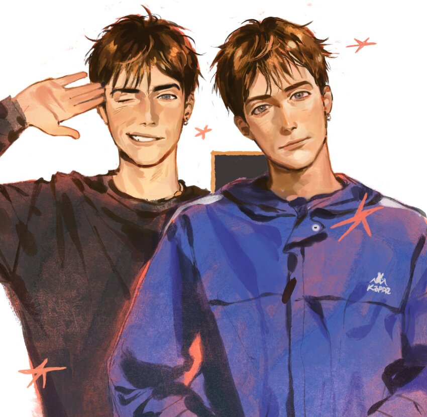 1boy, black_shirt, blue_eyes, blue_jacket, blur_(band), brown_hair, closed_mouth, commentary, damon_albarn, drawn_star, earrings, english_commentary, fingers_to_head, hands_in_pockets, head_tilt, highres, jacket, jewelry, kappa_(clothes), kunnuscumnus, long_sleeves, looking_at_viewer, multiple_views, one_eye_closed, open_hand, real_life, shirt, short_hair, silver_earrings, single_earring, smile, teeth, white_background, windbreaker