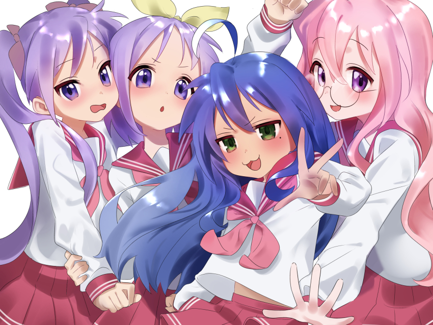 4girls, :3, ahoge, blue_hair, bow, glasses, green_eyes, gsa082rnw, hair_bow, highres, hiiragi_kagami, hiiragi_tsukasa, izumi_konata, long_hair, lucky_star, mole, mole_under_eye, multiple_girls, neckerchief, pink_hair, pink_neckerchief, purple_eyes, purple_hair, red_sailor_collar, red_skirt, round_eyewear, ryouou_school_uniform, sailor_collar, school_uniform, short_hair, siblings, sisters, skirt, takara_miyuki, twins, w, white_background