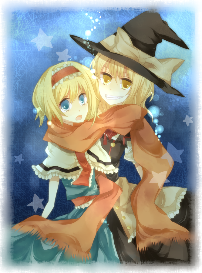 2girls, alice_margatroid, blonde_hair, blue_eyes, female_focus, hairband, hat, kirisame_marisa