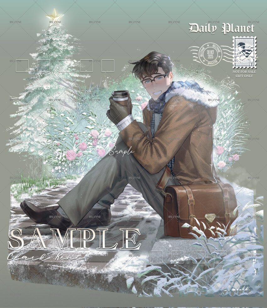 1boy, artist_name, bag, black-framed_eyewear, black_gloves, black_hair, blue_eyes, clark_kent