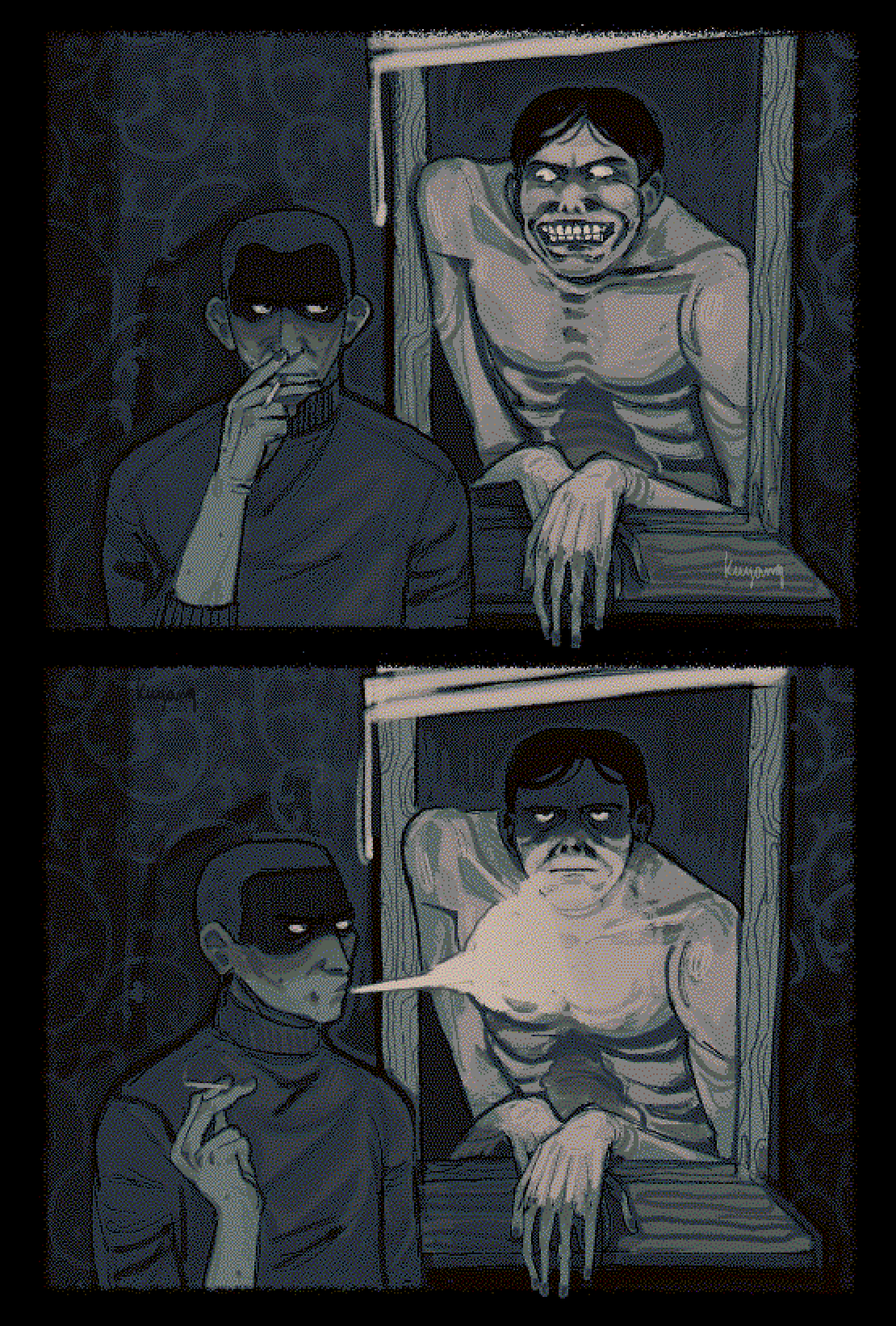 2boys, annoyed, black_eyes, black_hair, black_sweater, cigarette, emaciated, evil_grin