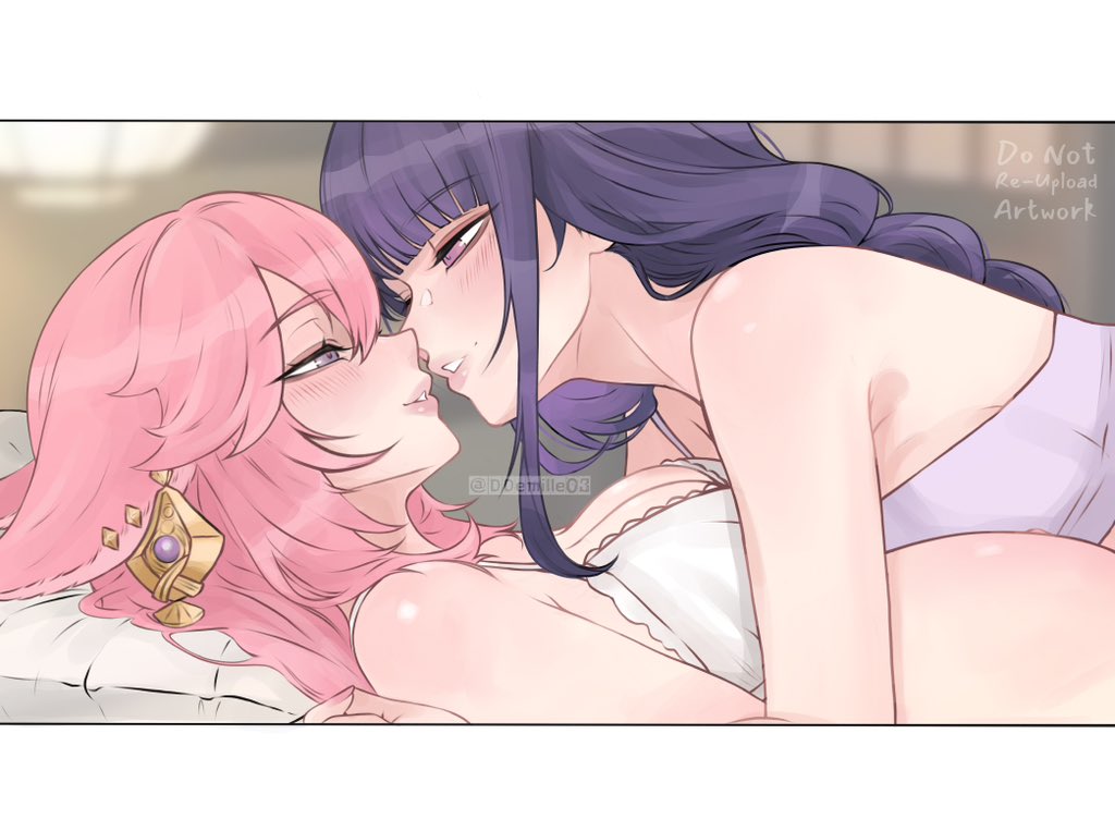 2girls, animal_ears, blush, bra, breasts, camisole, cleavage, commentary, earrings, english_commentary, fox_ears, genshin_impact, jewelry, large_breasts, long_hair, multiple_girls, parted_lips, pink_hair, purple_camisole, purple_eyes, purple_hair, raiden_shogun, reo_hoo, smile, underwear, white_bra, yae_miko, yuri