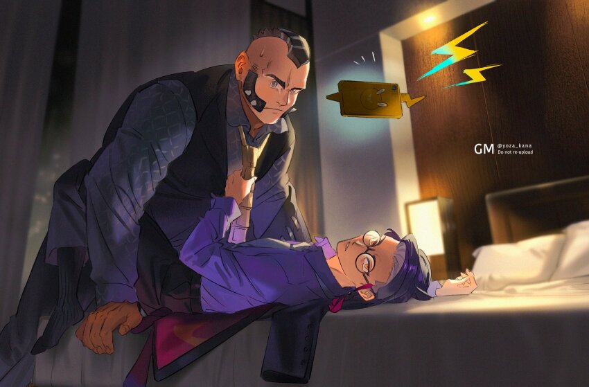 2boys, black-framed_eyewear, black_eyes, black_hair, black_jacket, black_pants, black_shirt, black_socks