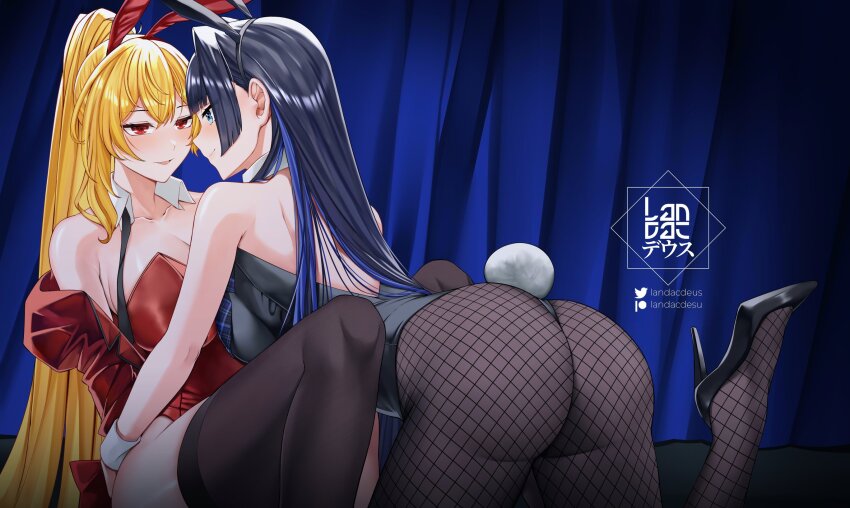 2girls, all_fours, alternate_costume, animal_ear_hairband, animal_ears, artist_logo, ass, backless_leotard, black_hair, black_leotard, black_pantyhose, black_shoes, black_thighhighs, blonde_hair, blue_eyes, blue_hair, blunt_bangs, blush, breasts, bunny_girl_(akasaki), cleavage, clothes_down, collarbone, commentary, curtains, detached_collar, double-parted_bangs, fake_animal_ears, fishnet_pantyhose, fishnets, hairband, high_heels, high_ponytail, highres, hololive, hololive_english, hololive_indonesia, jacket, kaela_kovalskia, knee_up, landacdeus, large_breasts, leotard, logo, long_hair, looking_at_another, multicolored_hair, multiple_girls, ouro_kronii, pantyhose, patreon_logo, patreon_username, playboy_bunny, ponytail, rabbit_ear_hairband, rabbit_ears, rabbit_tail, red_eyes, red_jacket, red_leotard, shoes, sideboob, sitting, straight_hair, streaked_hair, tail, thighhighs, twitter_logo, twitter_username, very_long_hair, virtual_youtuber, wrist_cuffs, yuri