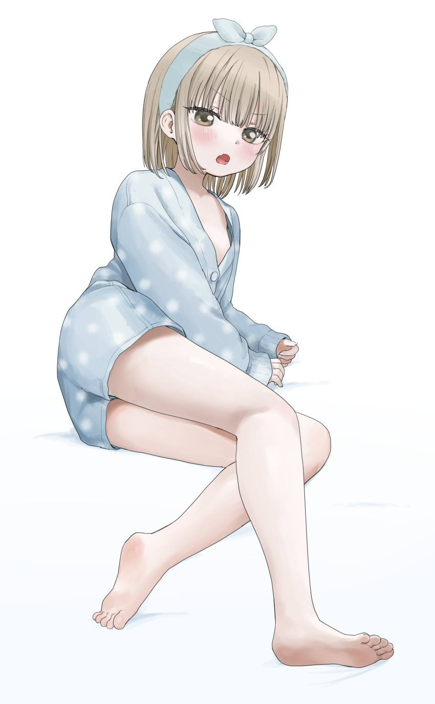 1girl, absurdres, barefoot, blue_hairband, blue_pajamas, blue_shirt, blue_shorts, blush