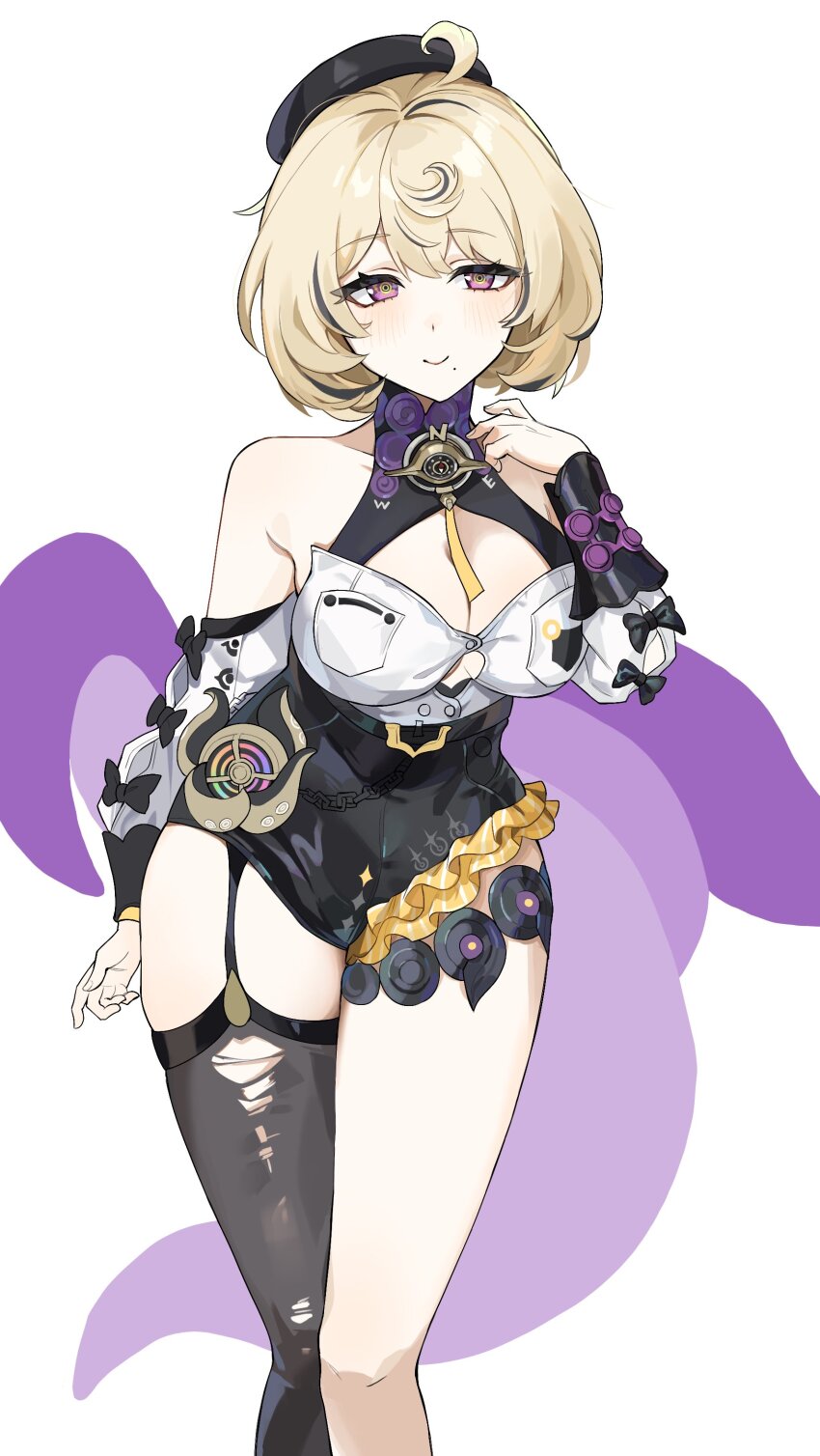 1girl, absurdres, asymmetrical_shorts, bare_shoulders, beret, black_bow, black_hat, black_shorts