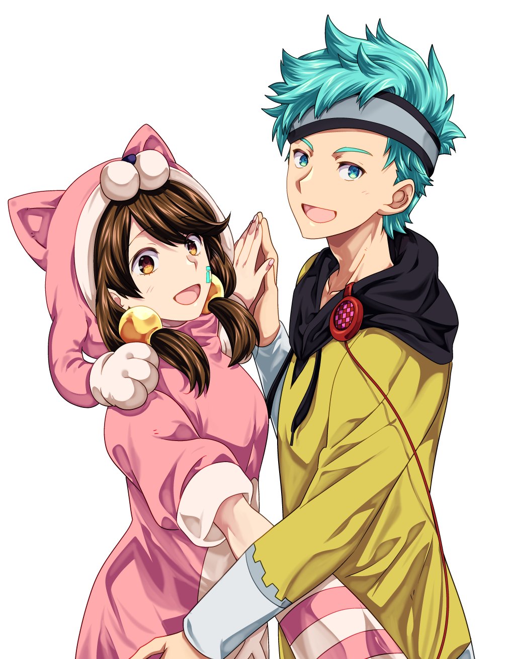 1boy, 1girl, adam's_apple, aizaki_momo, animal_costume, anonymous;code, blue_eyes, blue_hair