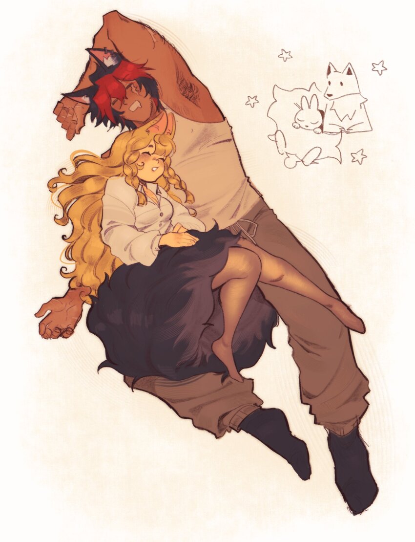 1boy, 1girl, alice_thymefield, animal_ear_fluff, animal_ear_piercing, animal_ears, arm_on_own_head, arm_up