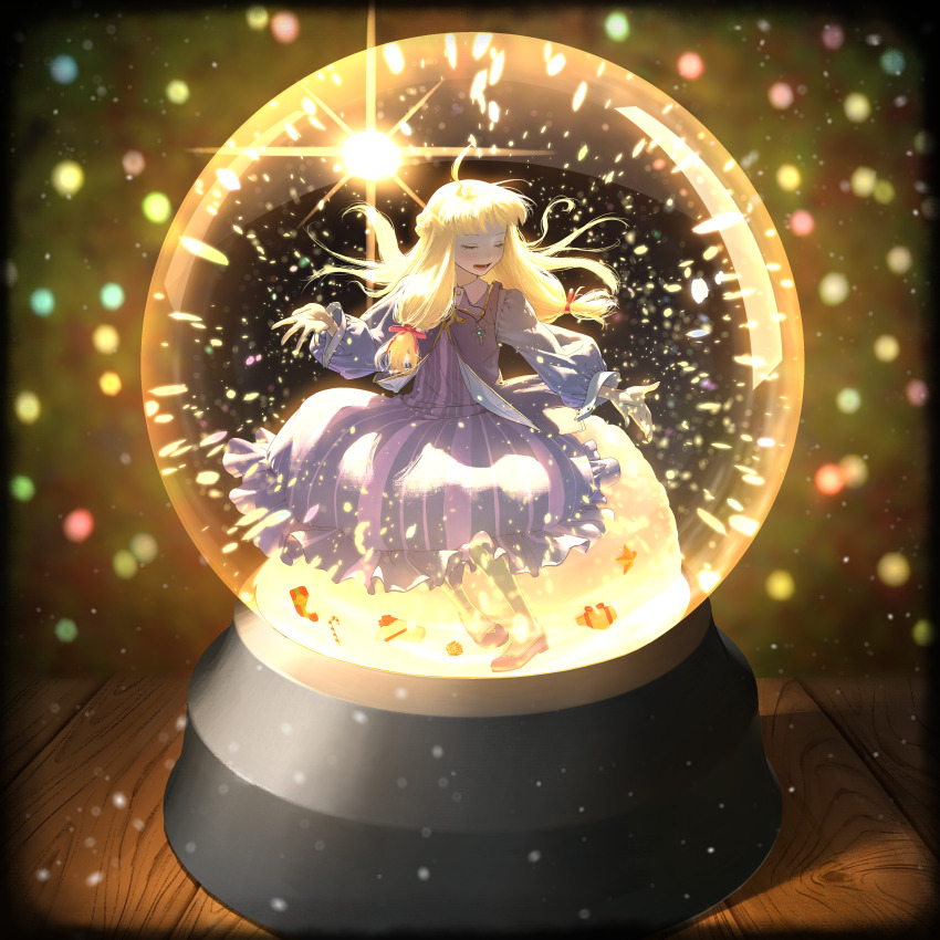 1girl, absurdres, ahoge, bad_id, bad_pixiv_id, blue_shirt, closed_eyes, dress