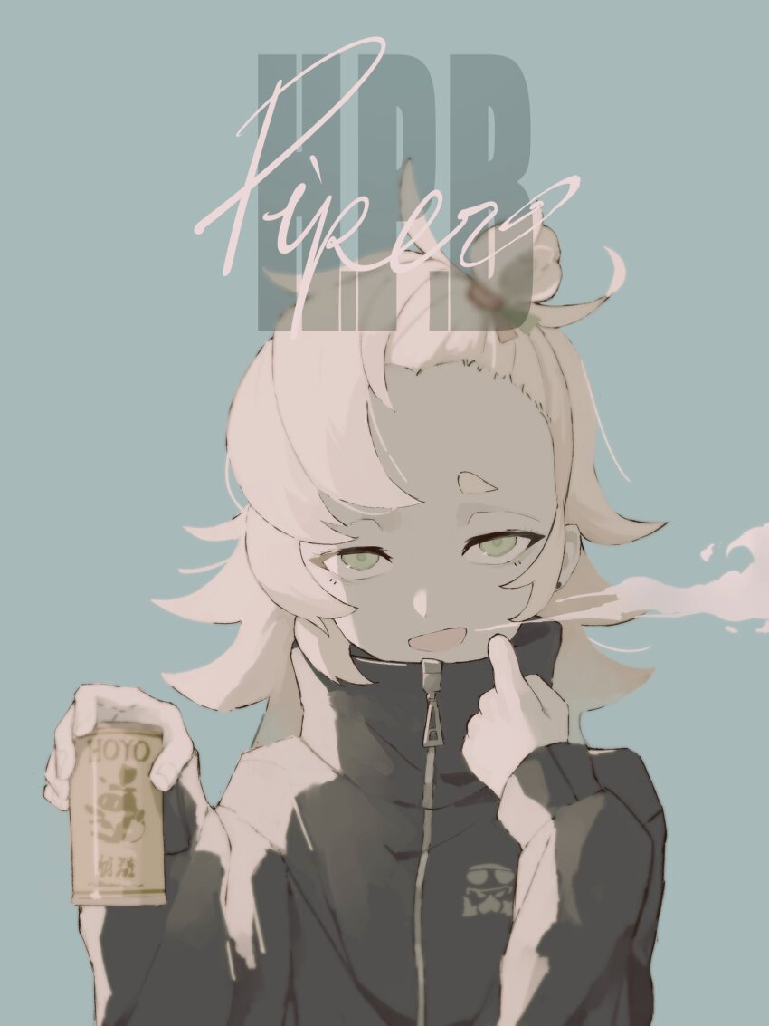 1girl, alternate_costume, blue_background, blue_jacket, breath, can, character_name, earrings