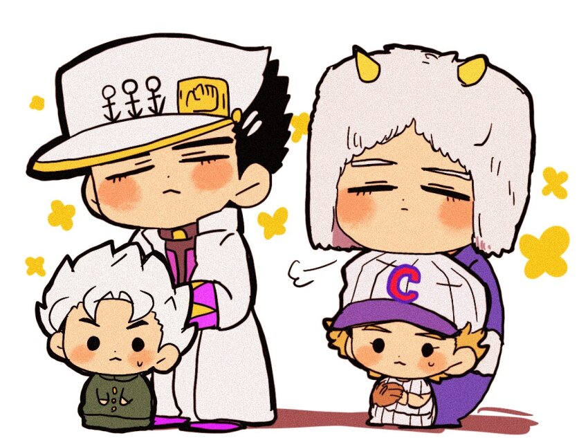 4boys, :<, baseball_cap, baseball_glove, baseball_uniform, black_hair, blonde_hair, blush_stickers