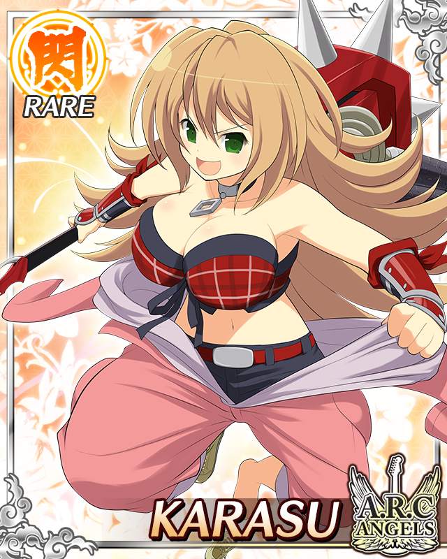 1girl, arm_guards, black_coat, black_shorts, border, breasts, brown_hair, card_(medium)