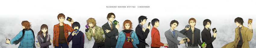 1girl, 6+boys, absurdres, akiyama_ren, asakura_takeshi, azkn, black_hair, brown_hair