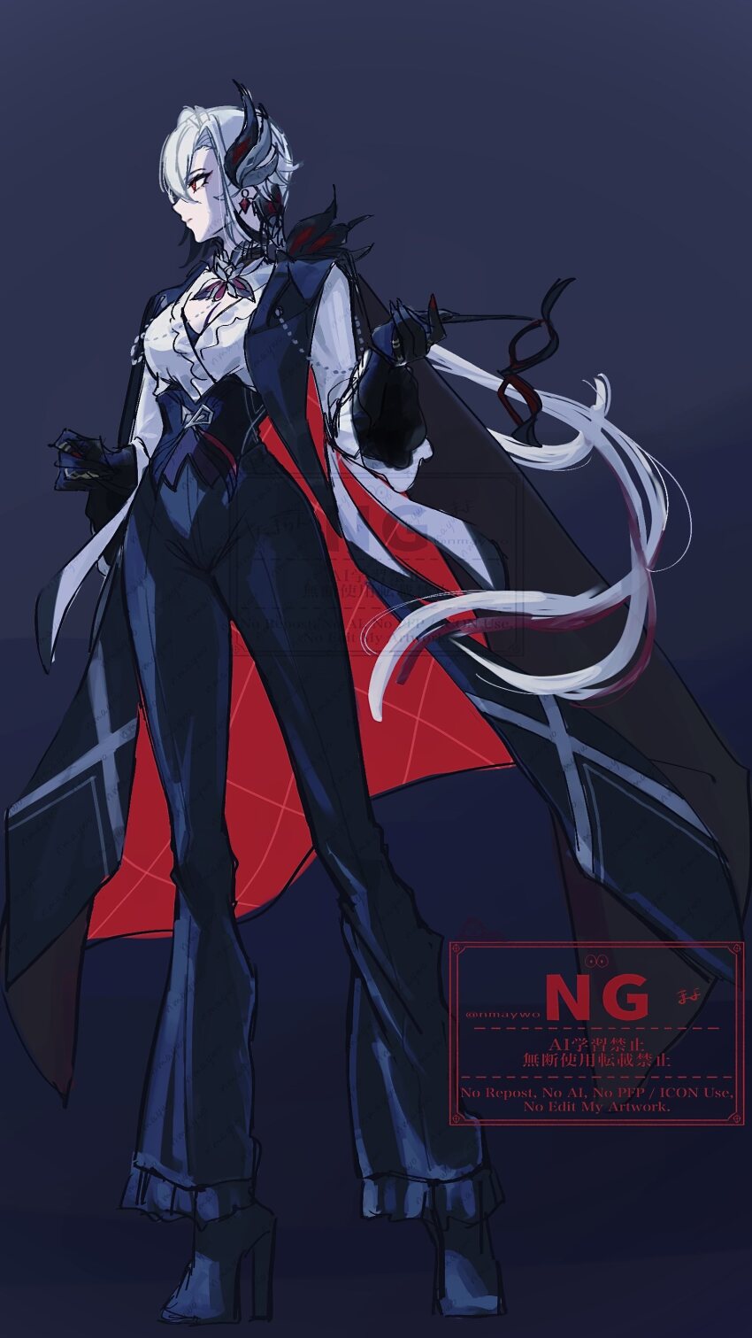 1girl, absurdres, arlecchino_(genshin_fes_2026)_(genshin_impact), arlecchino_(genshin_impact), black_eyes, black_hands, colored_extremities, full_body, genshin_impact, highres, looking_ahead, multicolored_hair, nmaywo, official_alternate_costume, red_pupils, solo, streaked_hair, symbol-shaped_pupils, white_hair, x-shaped_pupils