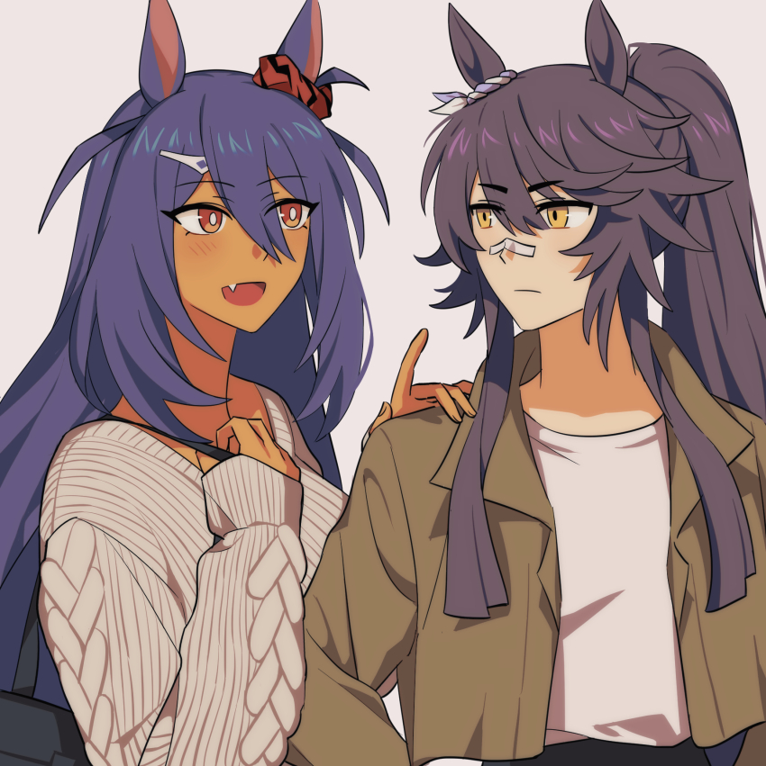 2girls, animal_ears, bandaid, bandaid_on_face, bandaid_on_nose, black_hair, blush, breasts