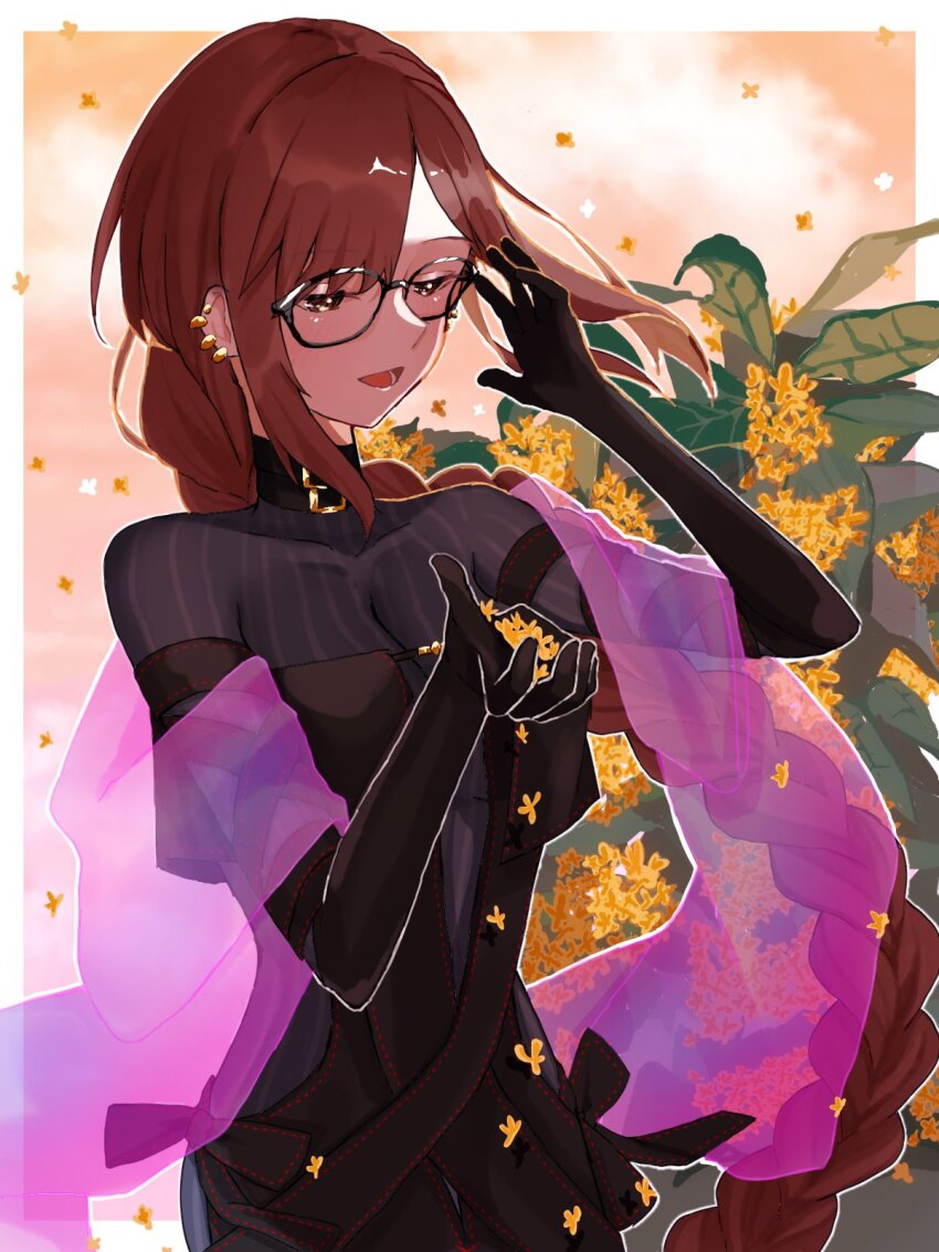1girl, black-framed_eyewear, black_gloves, blush, border, braid, brown_eyes, brown_hair