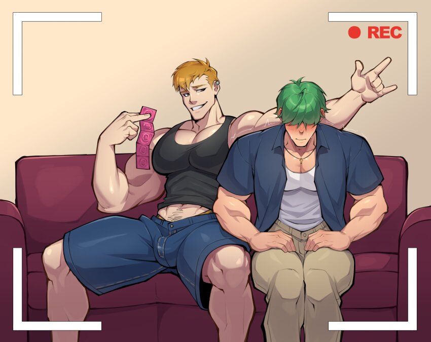 2boys, \m/, absurdres, bara, black_tank_top, blush, brown_eyes, brown_hair