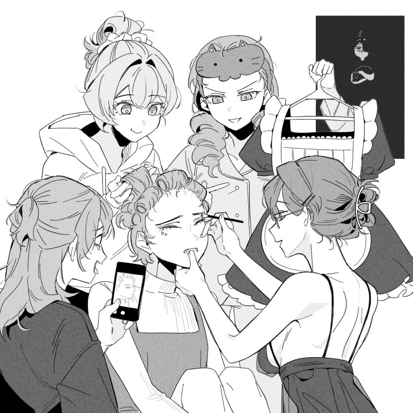 2boys, 4girls, ahoge, alternate_costume, alternate_hairstyle, animal, animal_ears, applying_makeup