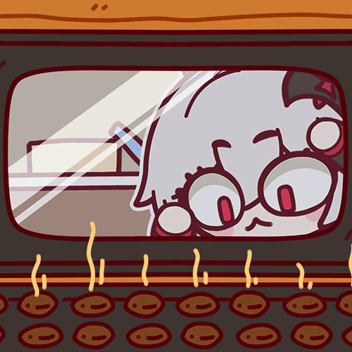 1girl, animated, animated_gif, bat_hair_ornament, burnt_cookies, closed_mouth, cookie, food, from_inside, grey_hair, hair_ornament, honkai_(series), honkai_impact_3rd, lowres, luna_(honkai_impact), open_mouth, oven, red_pupils, solo, sticker_(medium), surprised, xixi_fei