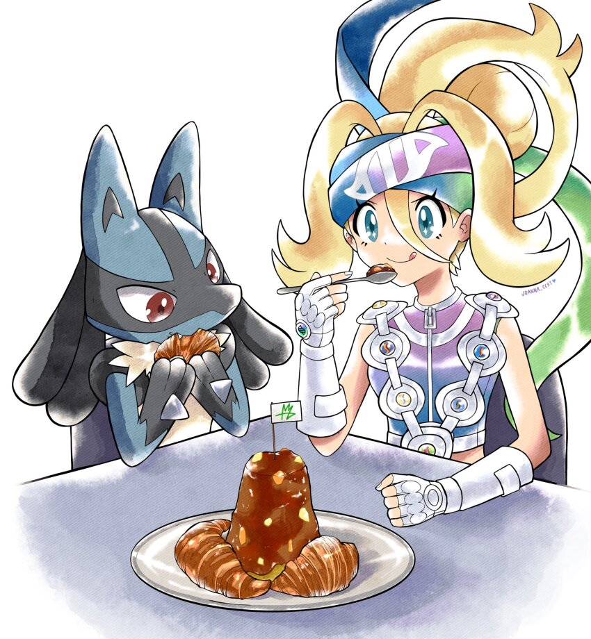 1girl, 1other, bandolier, belt, blonde_hair, blue_eyes, blue_fur, blue_hair, body_fur, breasts, closed_mouth, croissant, curry, eating, fingerless_gloves, flag, food, food_in_mouth, furry, gen_4_pokemon, gloves, gradient_clothes, gradient_shirt, green_hair, hair_between_eyes, hairband, highres, joanna_ccat, korrina_(pokemon), long_hair, lucario, mega_evolution_symbol, mega_stone, nintendo, plate, pokemon, pokemon_(creature), pokemon_legends:_z-a, purple_hair, red_eyes, shirt, sleeveless, sleeveless_shirt, smile, spikes, tongue, tongue_out, white_gloves, yellow_fur