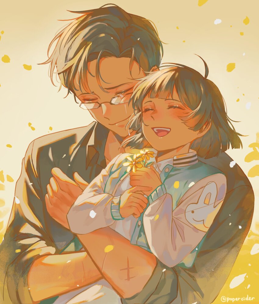 1boy, 1girl, absurdres, ahoge, animal_print, black_hair, black_shirt, blunt_bangs, bob_cut, closed_eyes, collared_shirt, father_and_child, father_and_daughter, flower, glasses, grin, han_dareum, han_myungoh, highres, holding, holding_flower, hug, jacket, multiple_scars, omniscient_reader's_viewpoint, papercider, parent_and_child, rabbit_print, scar, scar_on_arm, shirt, short_hair, smile, tears, upper_body, warm_colored, white_shirt