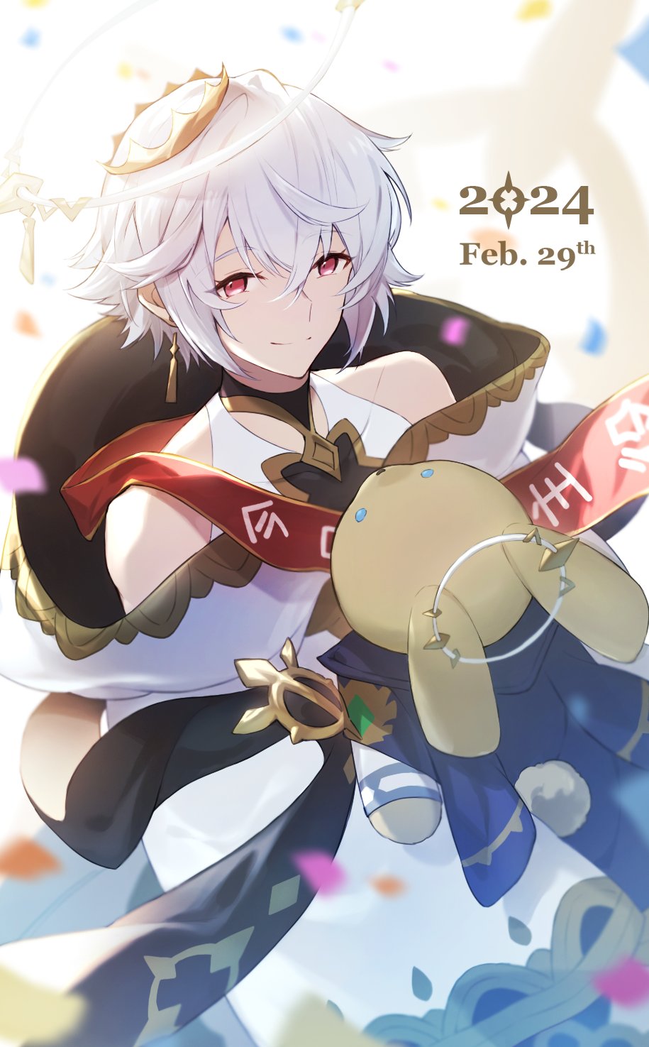 1boy, bare_shoulders, closed_mouth, confetti, dated, dragalia_lost, dragalinuka, hair_between_eyes