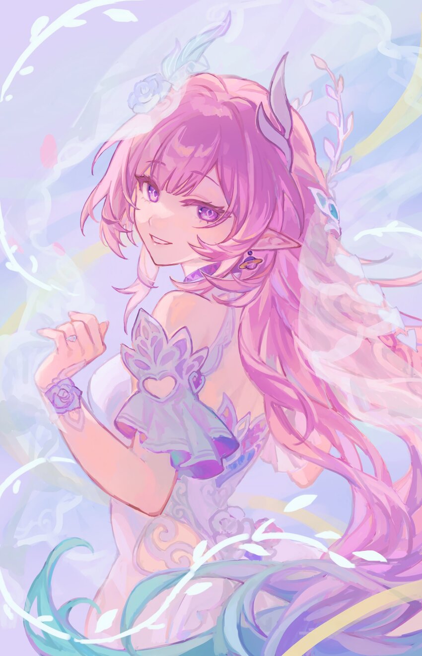 1girl, absurdres, aqua_hair, bare_shoulders, breasts, commentary, cyrene_(honkai:_star_rail), cyrene_(demiurge)_(honkai:_star_rail), diamond-shaped_pupils, diamond_(shape), dress, earrings, flower, from_side, gradient_hair, hair_flower, hair_ornament, highres, honkai:_star_rail, honkai_(series), jewelry, large_breasts, long_hair, looking_at_viewer, mizuhashisuika, multicolored_hair, pink_hair, pointy_ears, purple_eyes, smile, solo, untranslatable_commentary, symbol-shaped_pupils, very_long_hair, white_dress, white_hair