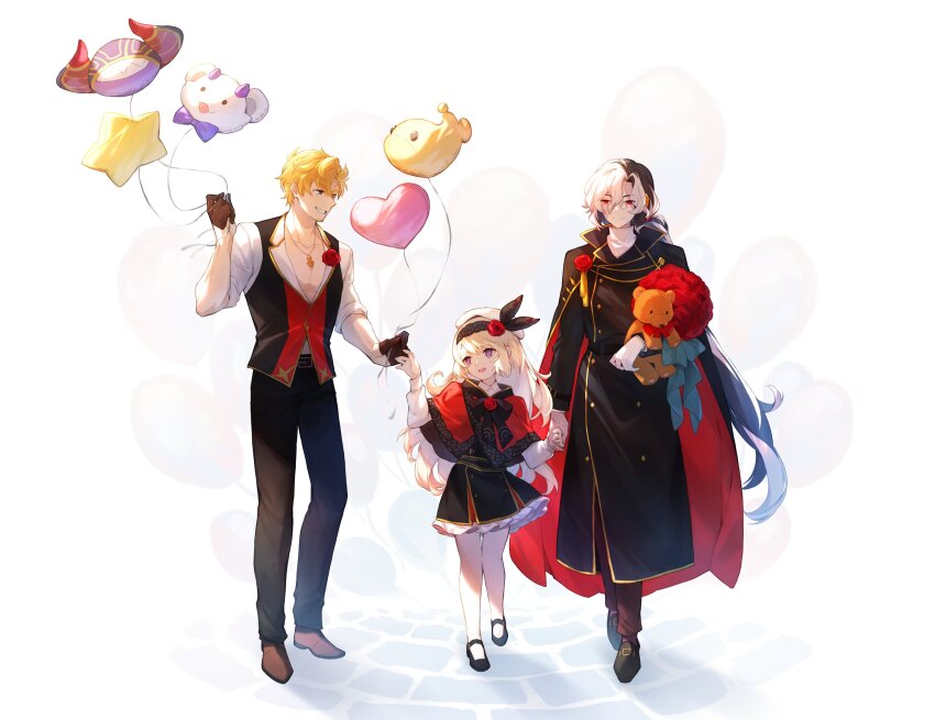 1girl, 2boys, :d, balloon, beard_stubble, black_cape, black_coat, black_dress