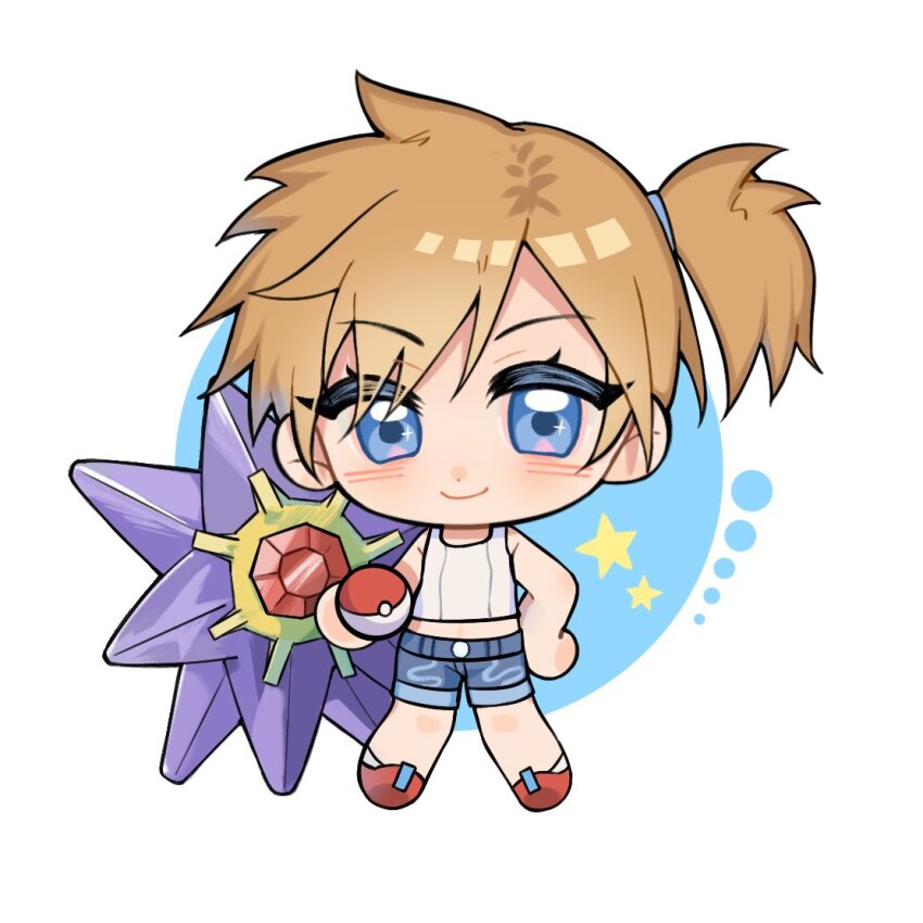 1girl, blue_eyes, blue_shorts, brown_hair, chibi, denim, denim_shorts, gen_1_pokemon, holding, holding_poke_ball, looking_at_viewer, misty_(pokemon), nintendo, ozimo_azer, poke_ball, poke_ball_(basic), pokemon, pokemon_(creature), pokemon:_let's_go_pikachu!_and_let's_go_eevee!, ponytail, short_ponytail, short_shorts, shorts, side_ponytail, star_(symbol), starmie, tank_top, white_tank_top