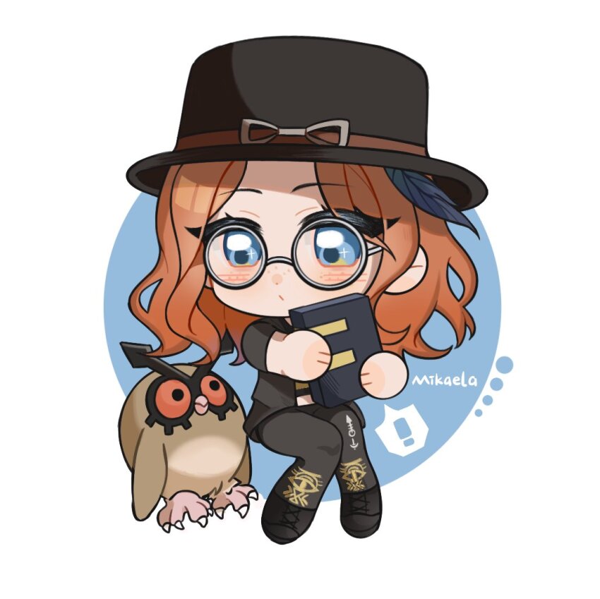 !, 1girl, artist_name, bird, black_hat, black_jacket, black_pants, black_shoes, blue_eyes, brown_hair, chibi, crossover, dead_by_daylight, gen_2_pokemon, glasses, hat, hoothoot, jacket, mikaela_reid, nintendo, ozimo_azer, pants, pokemon, pokemon_(creature), round_eyewear, shoes, speech_bubble