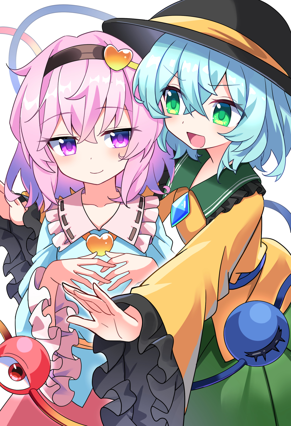 2girls, :d, black_hairband, black_hat, blue_shirt, blush, closed_mouth, commentary_request