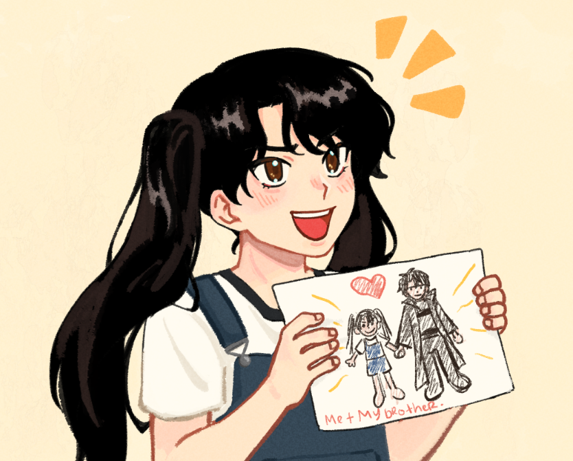 1girl, :d, black_hair, brother_and_sister, brown_eyes, child's_drawing, curtained_hair, dokjasepilogue