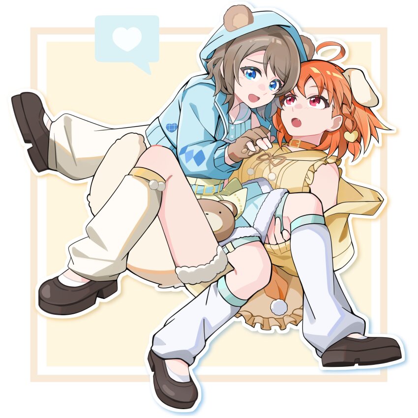 2girls, absurdres, achin_(putsi_2025), ahoge, animal_ears, bag, bare_legs, bear, blue_eyes, braid, brown_background, brown_hair, choker, grey_hair, hair_ornament, heart, highres, hood, hoodie, kneehighs, loafers, loose_socks, love_live!, love_live!_sunshine!!, multiple_girls, orange_hair, pajamas, sailor_collar, shoes, short_hair, short_sleeves, simple_background, single_braid, sleeveless, socks, takami_chika, thighs, tube_socks, watanabe_you, white_background, yuri