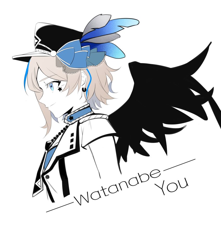 1girl, absurdres, achin_(putsi_2025), blue_eyes, blue_hair, brown_hair, character_name, feathers