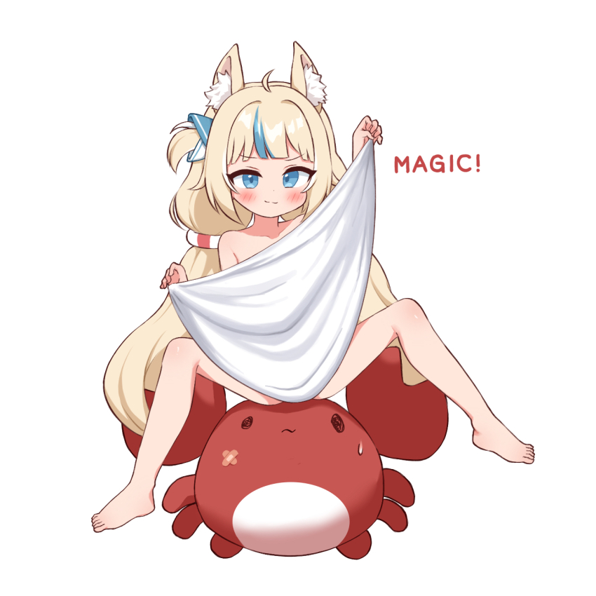1girl, animal_ear_fluff, animal_ears, arms_up, barefoot, blonde_hair, blue_eyes, blue_streaks
