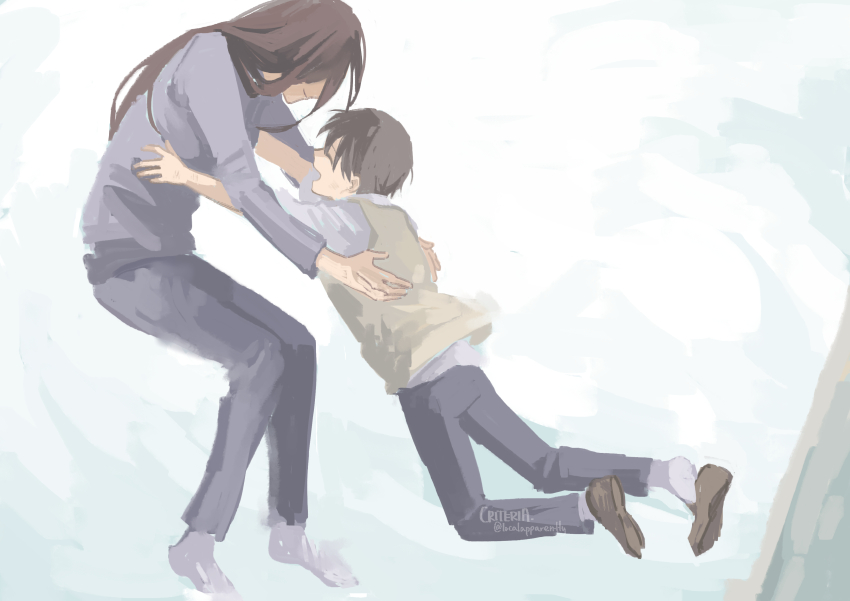 absurdres, black_hair, criteria, full_body, grin, highres, imminent_hug, jumping, kim_dokja, lee_sookyung, long_sleeves, mother_and_child, mother_and_son, oldest_dream, omniscient_reader's_viewpoint, outstretched_arms, parent_and_child, reaching, reaching_towards_another, shirt, short_hair, smile, squatting, vest, white_shirt, yellow_vest