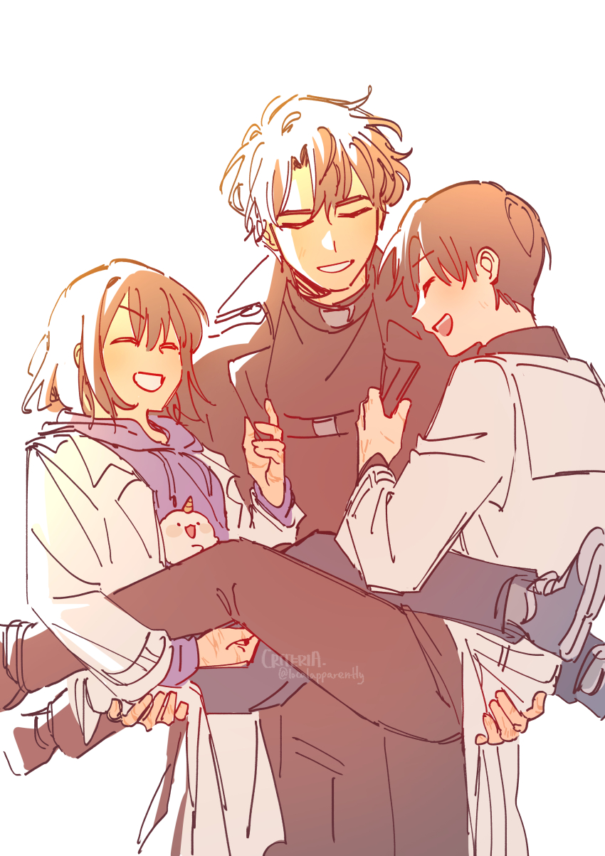 1girl, 2boys, absurdres, animal, biyoo_(omniscient_reader's_viewpoint), black_coat, black_hair, black_shirt